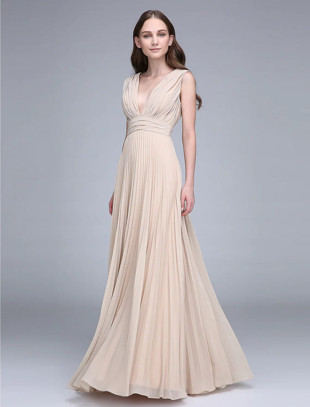 Bridesmaid Dress V Neck Sleeveless Elegant Floor Length Chiffon with Ruched