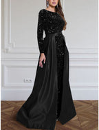 A-Line Evening Gown Sparkle & Shine Black Dress Plus Size Formal Fall Sweep / Brush Train Long Sleeve Jewel Neck Sequined with Glitter Pleats