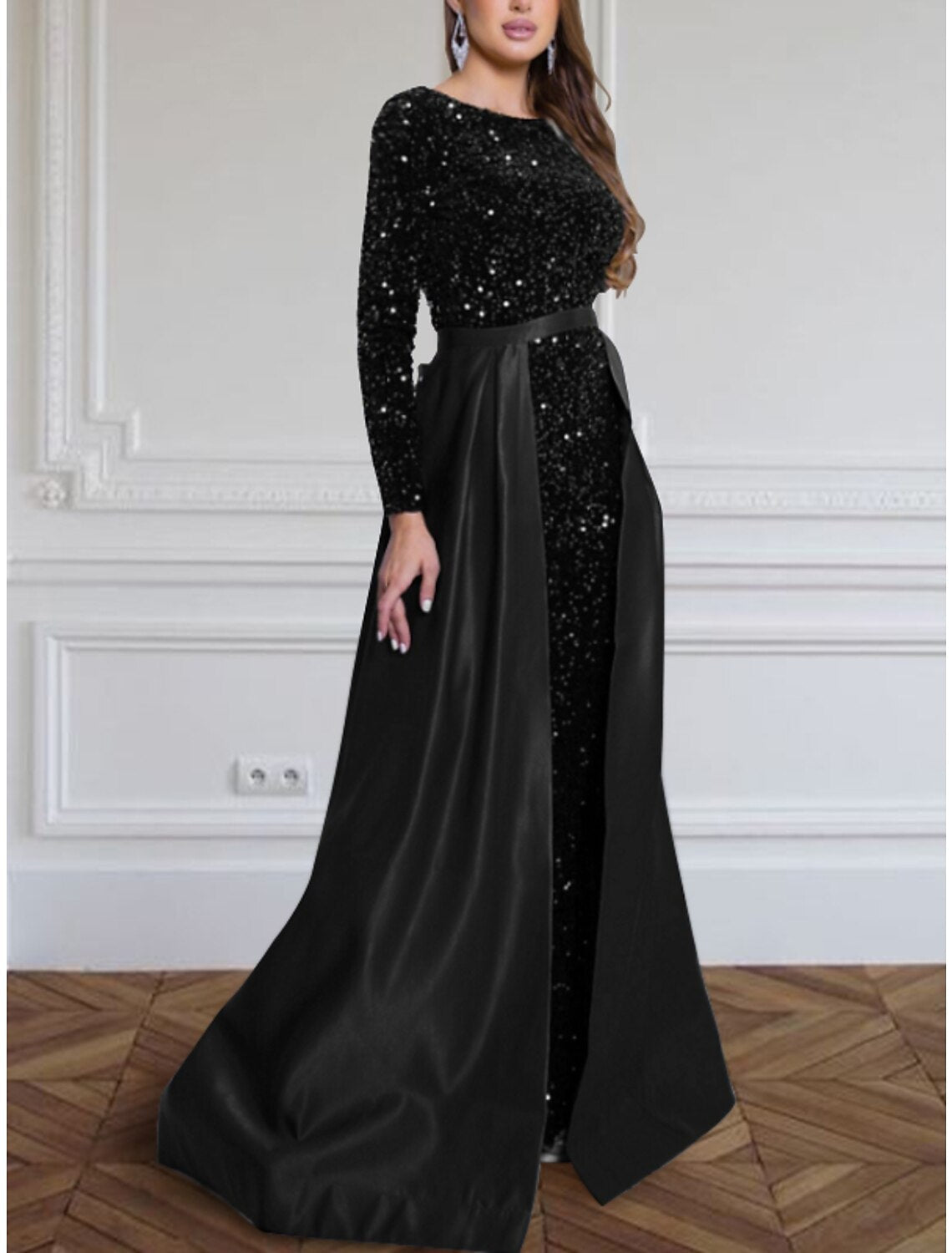 A-Line Evening Gown Sparkle & Shine Black Dress Plus Size Formal Fall Sweep / Brush Train Long Sleeve Jewel Neck Sequined with Glitter Pleats