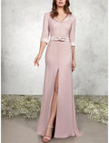 A-Line Mermaid / Trumpet Mother of the Bride Dress Formal Wedding Guest Elegant V Neck Floor Length Chiffon Satin Half Sleeve with Sash / Ribbon Bow(s) Buttons