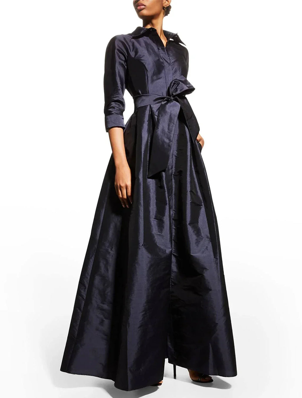 A-Line Evening Gown Elegant Black Dress Wedding Guest Floor Length 3/4 Length Sleeve Shirt Collar Pocket Taffeta with Pocket Strappy