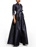 A-Line Evening Gown Elegant Black Dress Wedding Guest Floor Length 3/4 Length Sleeve Shirt Collar Pocket Taffeta with Pocket Strappy