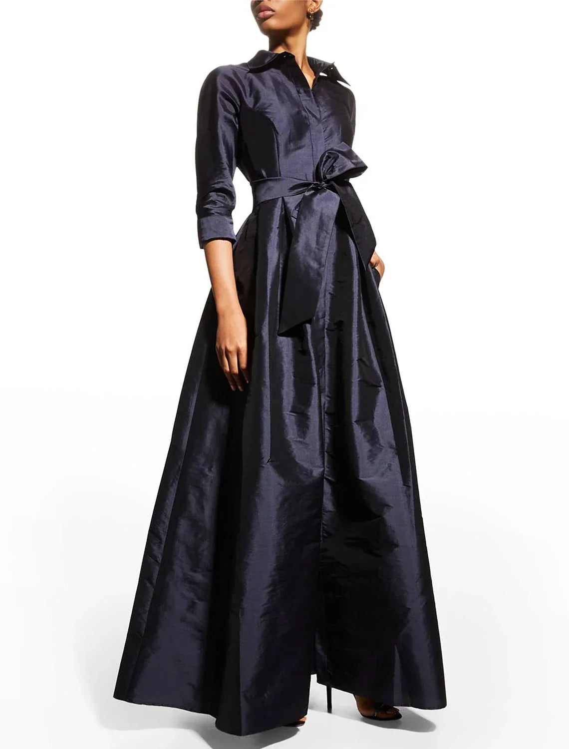 A-Line Evening Gown Elegant Black Dress Wedding Guest Floor Length 3/4 Length Sleeve Shirt Collar Pocket Taffeta with Pocket Strappy