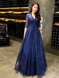 A-Line Evening Gown Beautiful Back Dress Wedding Guest Floor Length Half Sleeve V Neck Lace with Beading Prom Dresses
