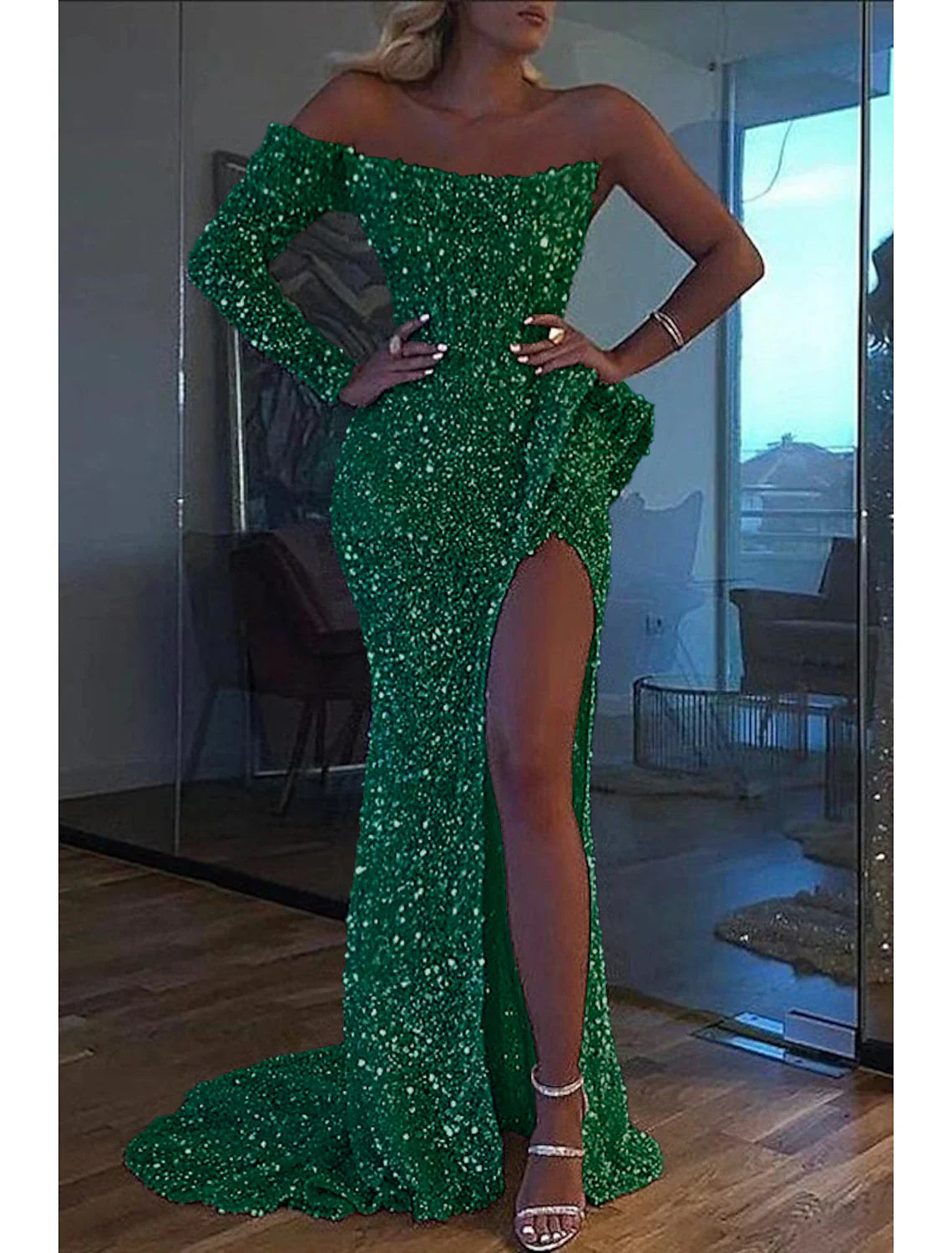 Mermaid Dress Evening Gown Christmas Red Green Dress Formal Wedding Court Train Long Sleeve One Shoulder Sequined with Sequin Slit