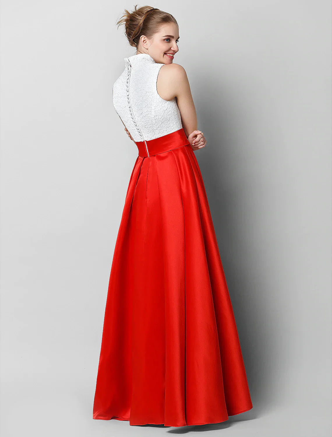 A-Line Elegant Luxurious Color Block Formal Evening Gala Dress High Neck Sleeveless Floor Length Lace with Pleats