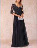 A-Line Mother of the Bride Dress Wedding Guest Elegant V Neck Floor Length Chiffon Lace 3/4 Length Sleeve with Ruching