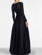 A-Line Evening Gown Elegant Dress Formal Black Tie Floor Length Long Sleeve Off Shoulder Fall Wedding Guest Satin with Slit Pocket