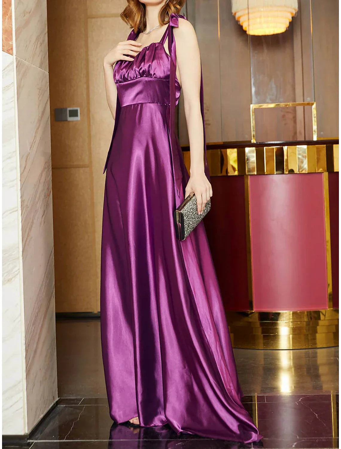 A-Line Party Dresses Open Back Dress Holiday Wedding Guest Floor Length Sleeveless Square Neck Bridesmaid Dress Satin Backless with Strappy