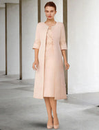 Two Piece Sheath / Column Mother of the Bride Dress Church Elegant Winter With Jacket Short Sleeve V Neck Knee Length Lace Stretch Chiffon Appliques Side-Draped