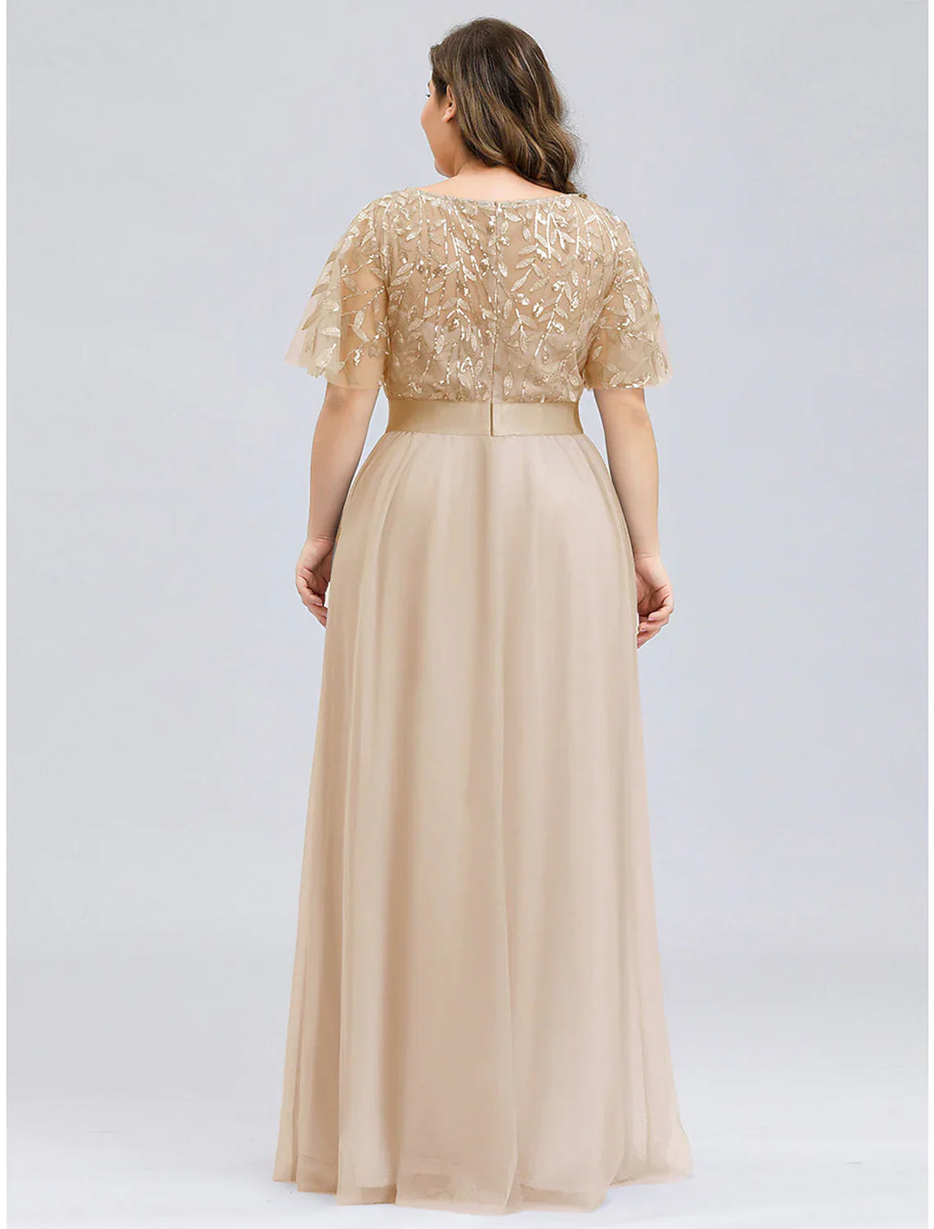 A-Line Prom Dresses Dress Wedding Guest Floor Length Short Sleeve Tulle with Sequin Appliques