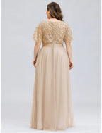 A-Line Prom Dresses Dress Wedding Guest Floor Length Short Sleeve Tulle with Sequin Appliques