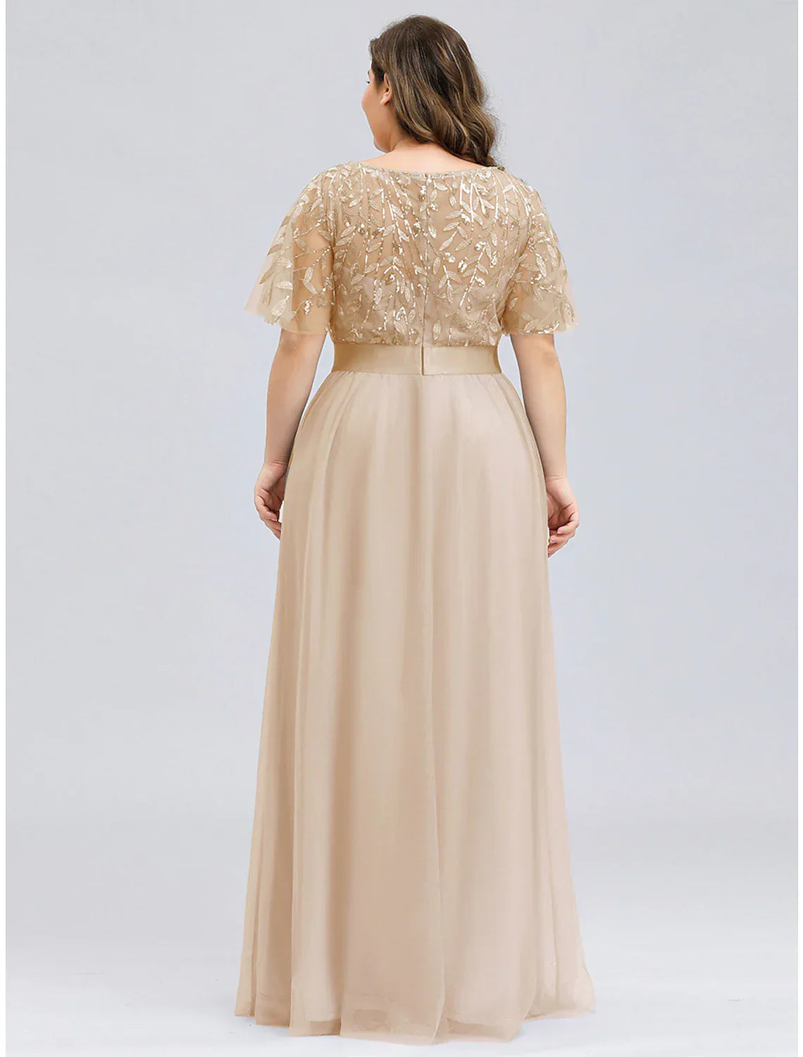A-Line Prom Dresses Dress Wedding Guest Floor Length Short Sleeve Tulle with Sequin Appliques