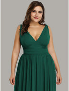 A-Line Plus Size Wedding Formal Evening Dress V Neck V Back Sleeveless Floor Length Chiffon with Pleats