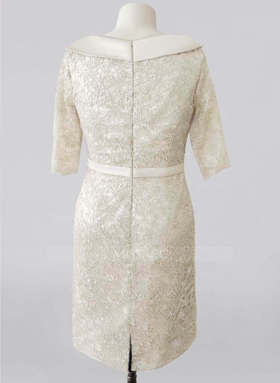 Mother Of The Bride Dress Sheath Satin Lace Knee Length With Crystal Brooch Elegant Half Sleeve