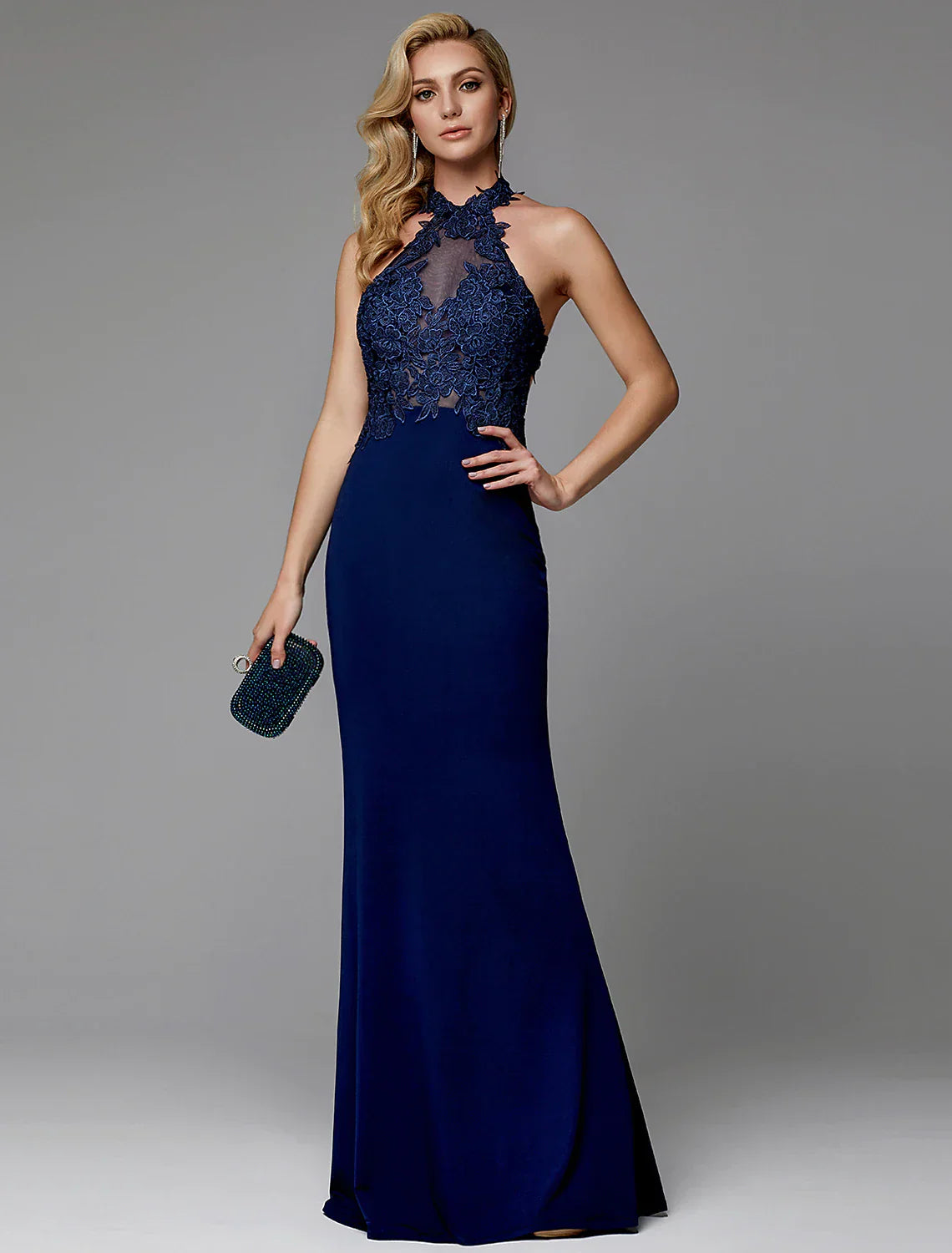 Evening Gown Dress Wedding Floor Length Sleeveless Halter Spandex Crisscross Back