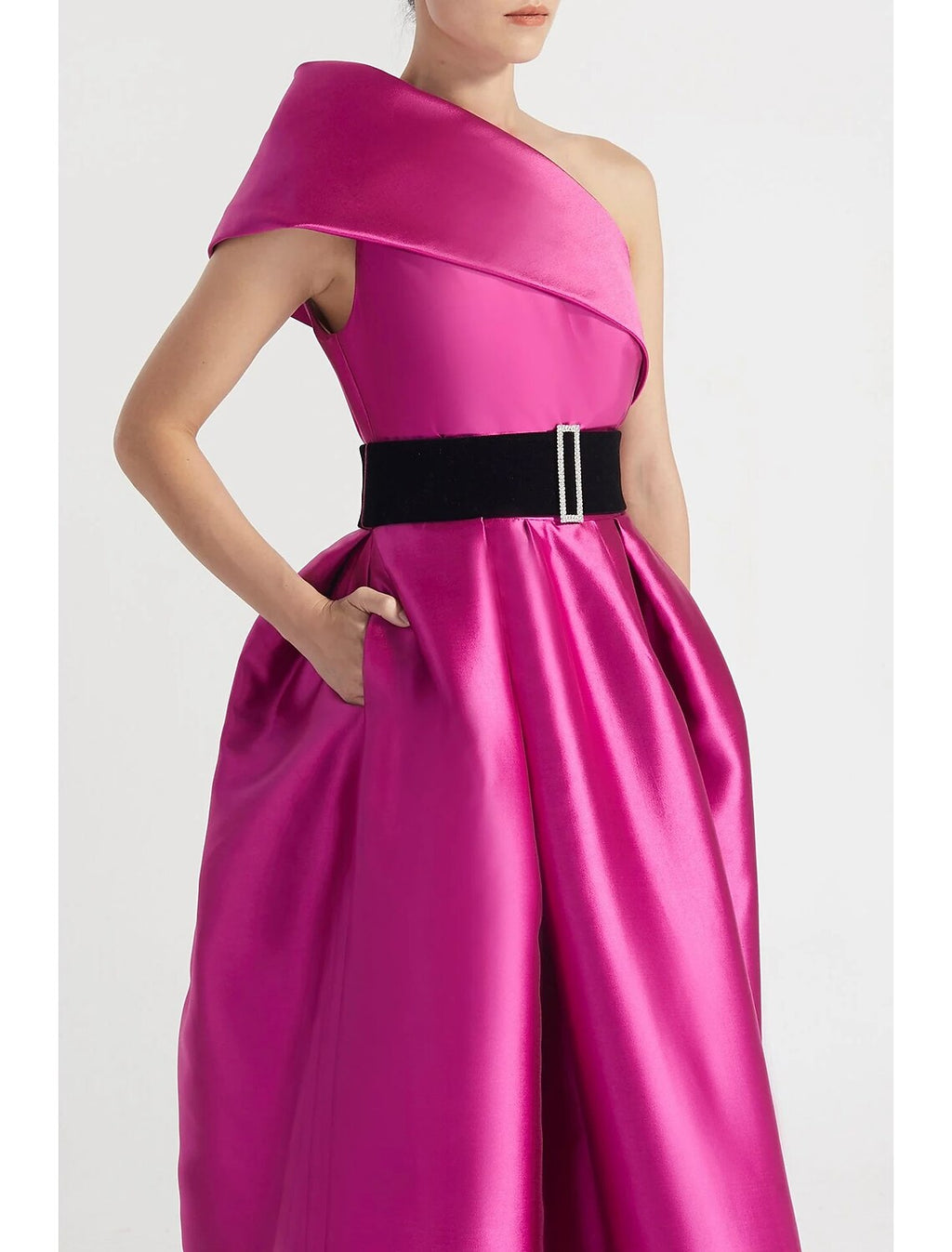 A-Line Evening Gown Elegant Dress Formal Floor Length Sleeveless One Shoulder Satin with Pocket