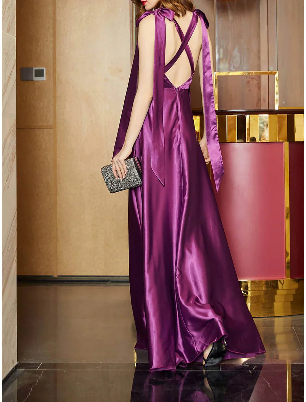 A-Line Party Dresses Open Back Dress Holiday Wedding Guest Floor Length Sleeveless Square Neck Bridesmaid Dress Satin Backless with Strappy