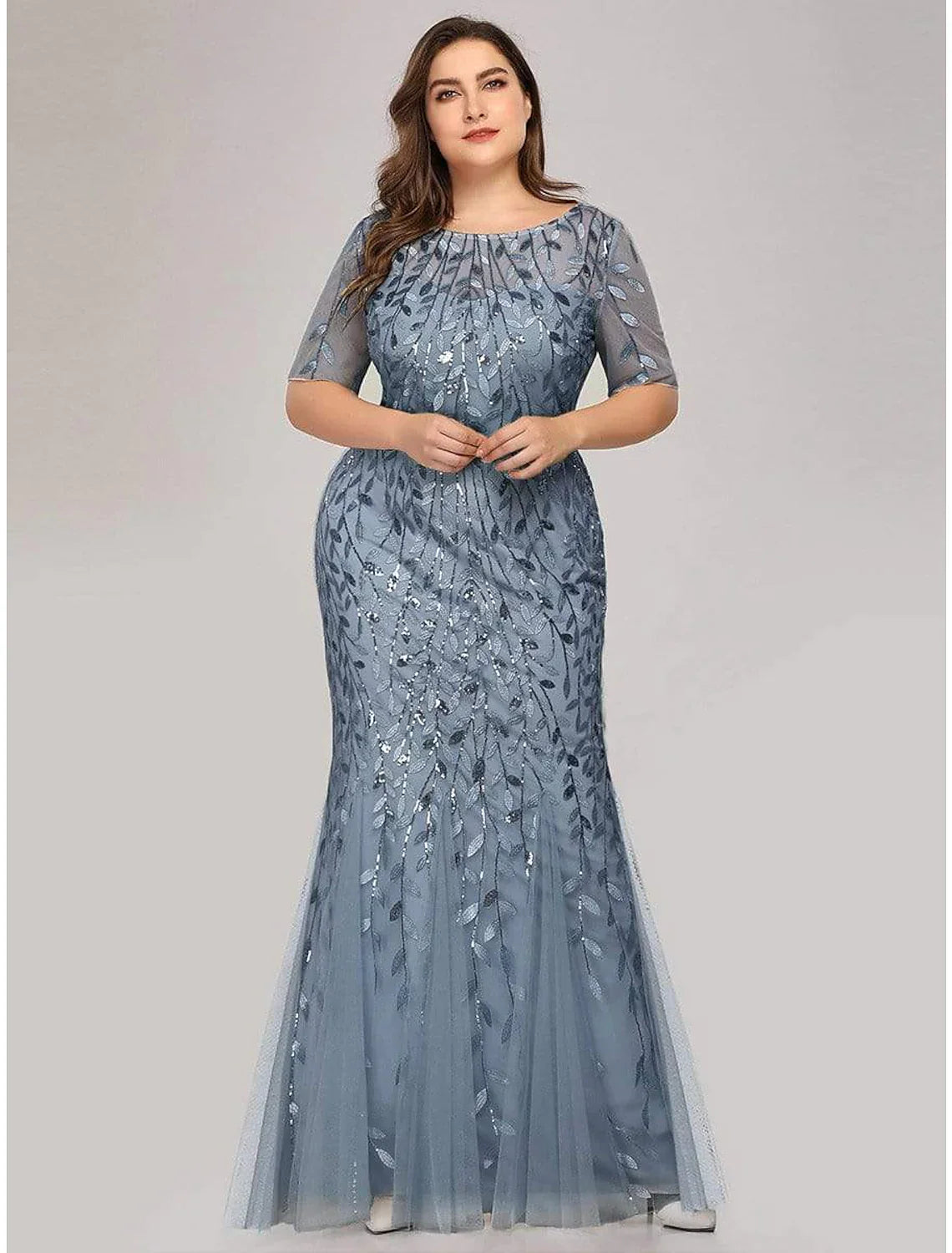Elegant Party Wear Formal Evening Dress Short Sleeve Floor Length Tulle with Embroidery