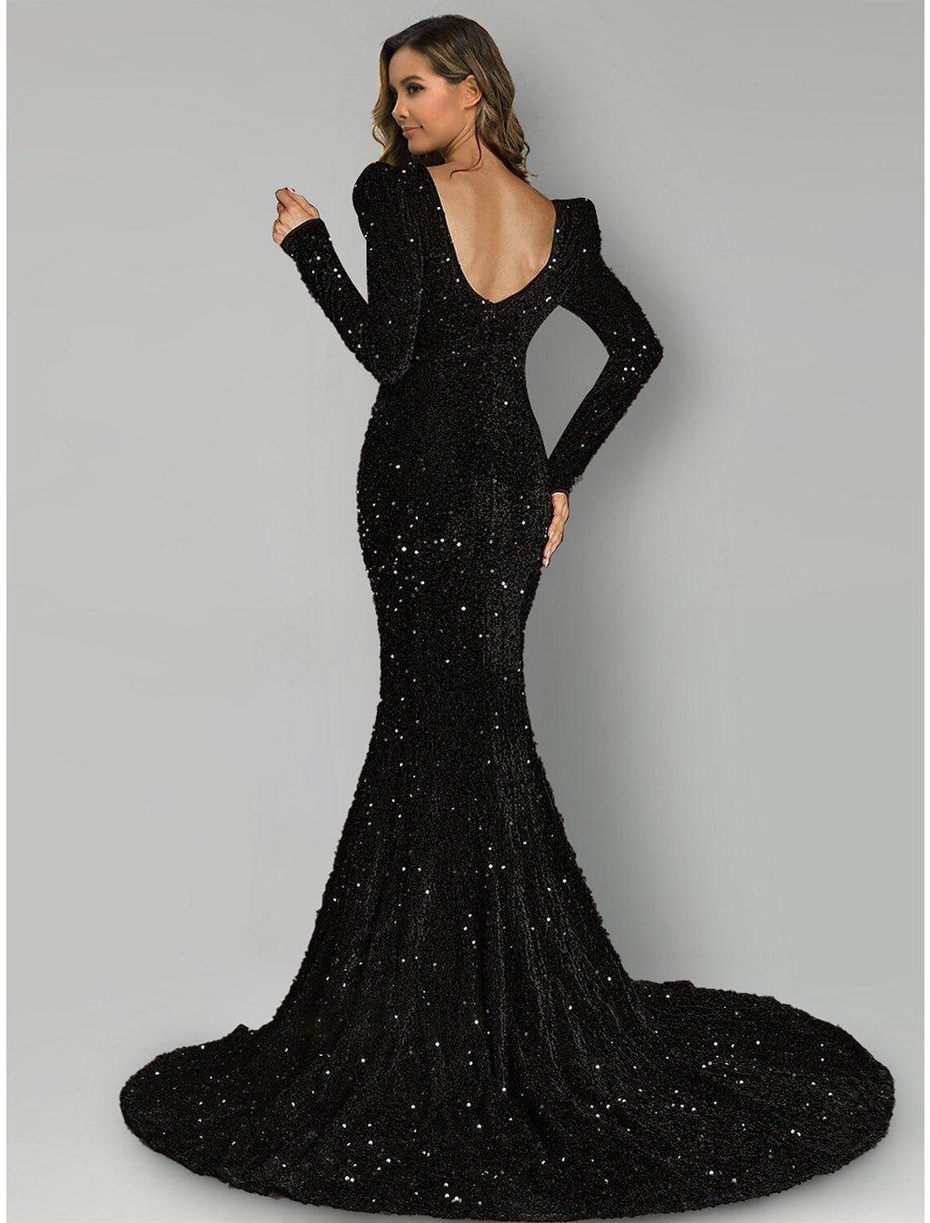 Evening Gown Black Dress Formal Court Train Long Sleeve Square Neck Sequined