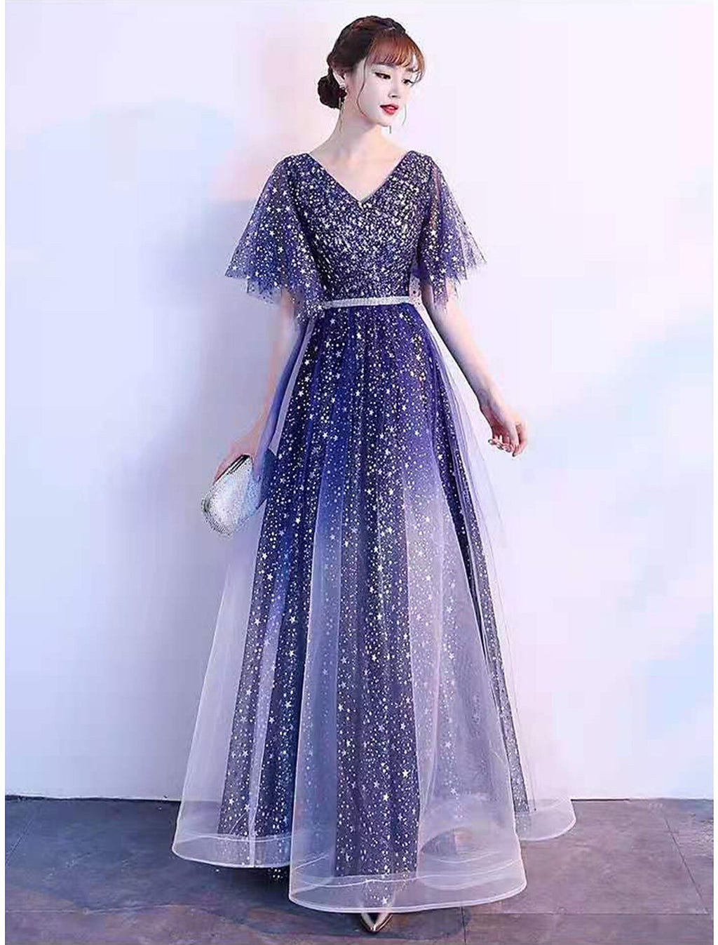 A-Line Ombre Prom Birthday Dress V Neck Short Sleeve Floor Length Tulle with Sash / Ribbon Crystals