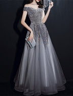 A-Line Prom Dresses Sparkle & Shine Dress Formal Wedding Guest Floor Length Short Sleeve Off Shoulder Polyester with Sequin