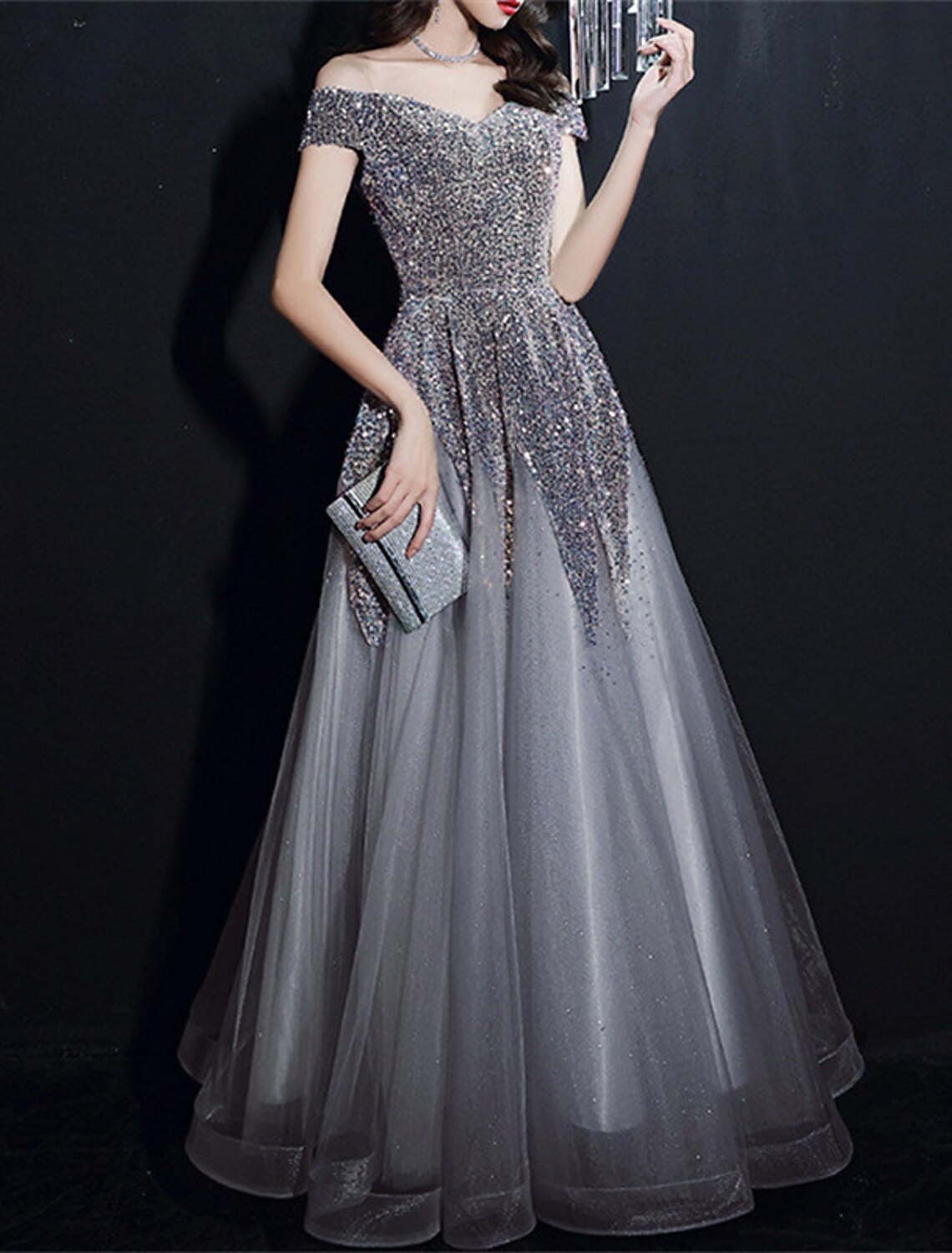 A-Line Prom Dresses Sparkle & Shine Dress Formal Wedding Guest Floor Length Short Sleeve Off Shoulder Polyester with Sequin