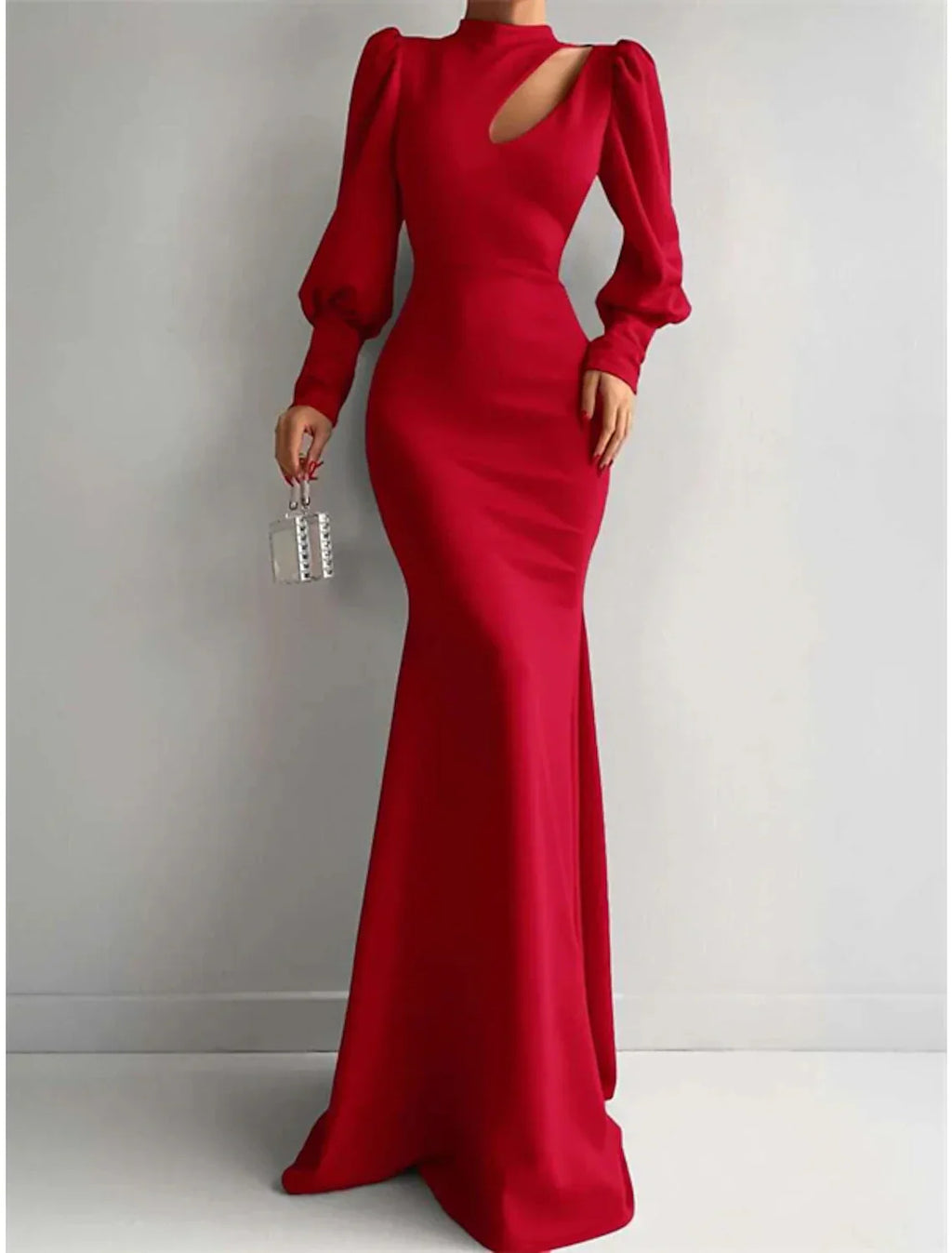 Mermaid Evening Gown Elegant Dress Formal Christmas Red Green Dress Sweep / Brush Train Long Sleeve High Neck Satin with Ruched