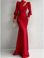 Mermaid Evening Gown Elegant Dress Formal Christmas Red Green Dress Sweep / Brush Train Long Sleeve High Neck Satin with Ruched