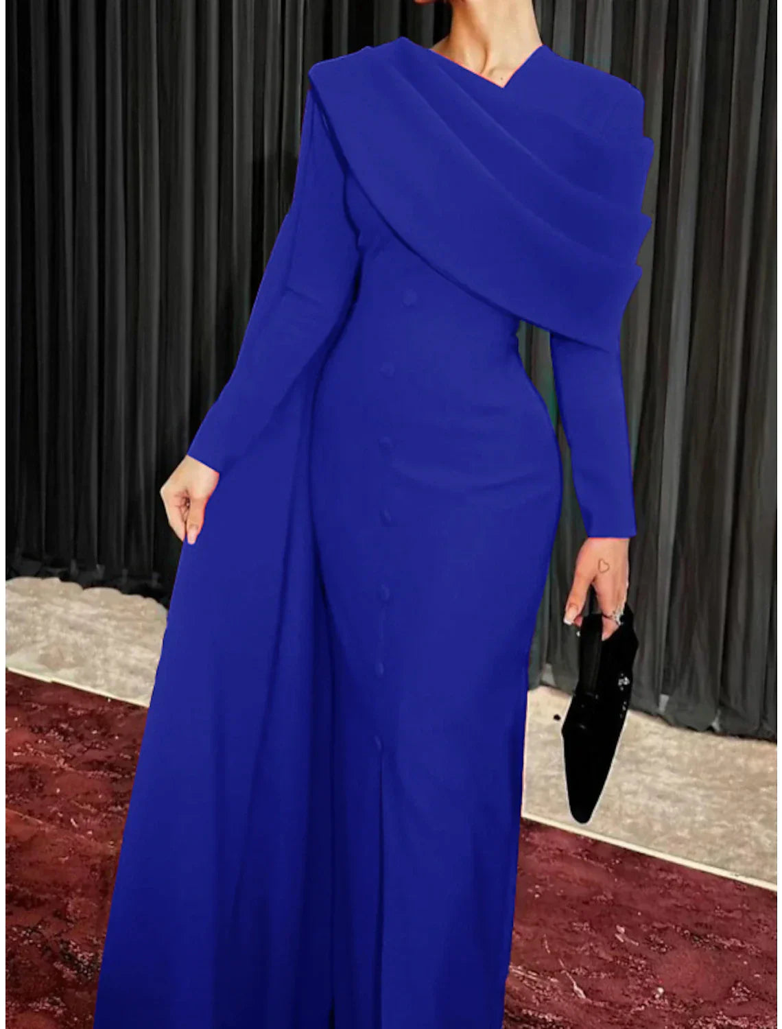 Sheath / Column Red Black Christmas Red Green Dress Evening Gown Elegant Cape Dress Formal Fall Sweep / Brush Train Long Sleeve Cowl Neck Stretch Fabric with Buttons