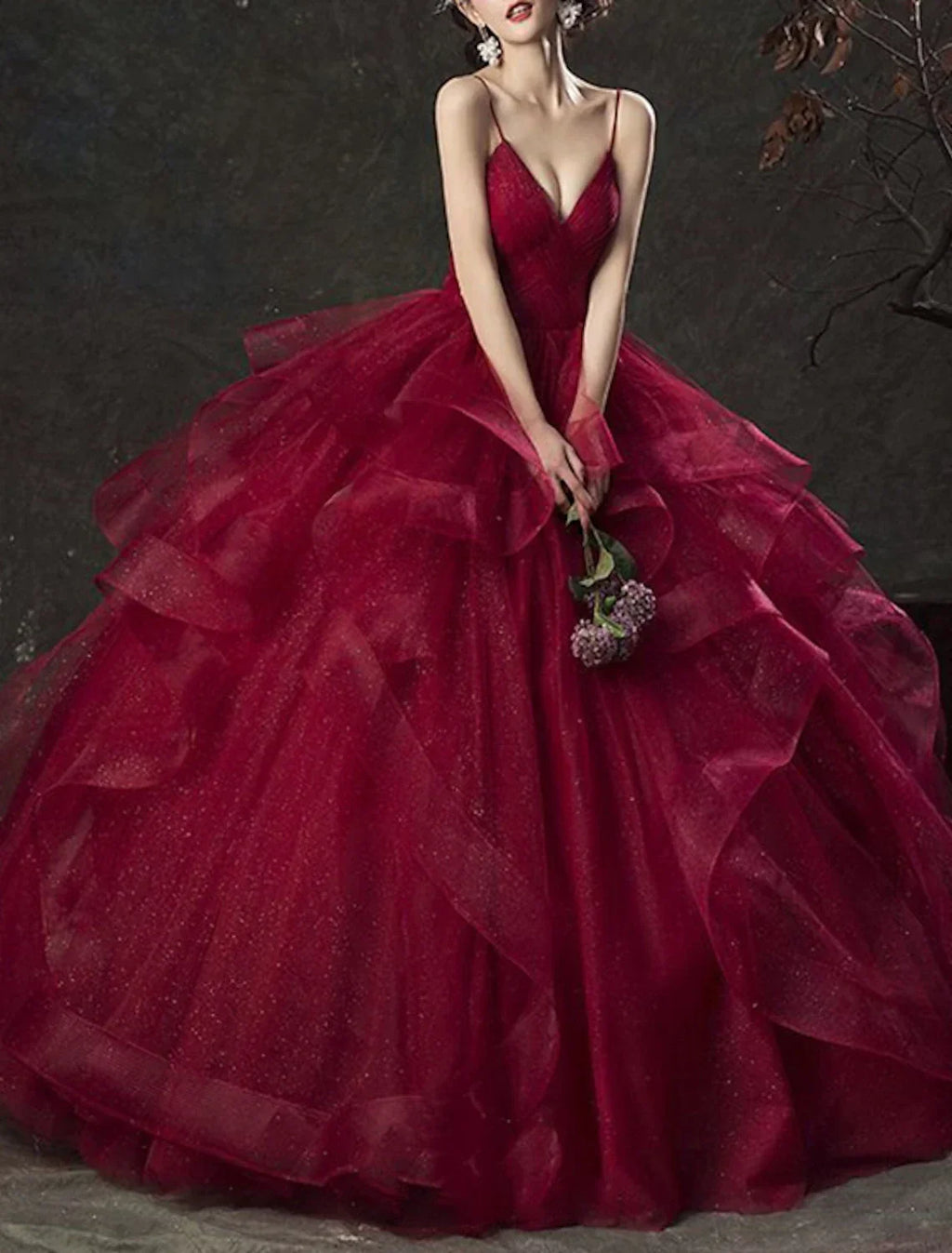 Ball Gown Glittering Luxurious Quinceanera Engagement Valentine's Day Dress V Neck Sleeveless Floor Length Tulle with Tier