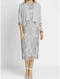 Sheath / Column Mother of the Bride Dress Wedding Guest Elegant Petite Scoop Neck Tea Length Chiffon Half Sleeve with Ruching Solid Color