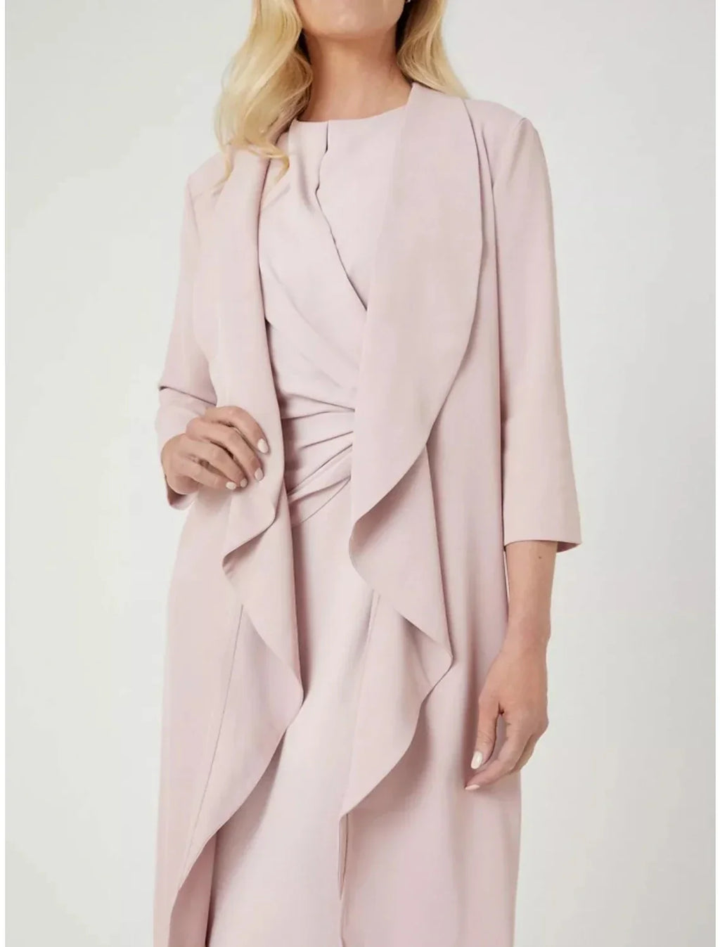 Two Piece Mother of the Bride Dress Wedding Guest Elegant Petite Jewel Neck Knee Length Stretch Chiffon 3/4 Length Sleeve with Split Front Ruching Solid Color