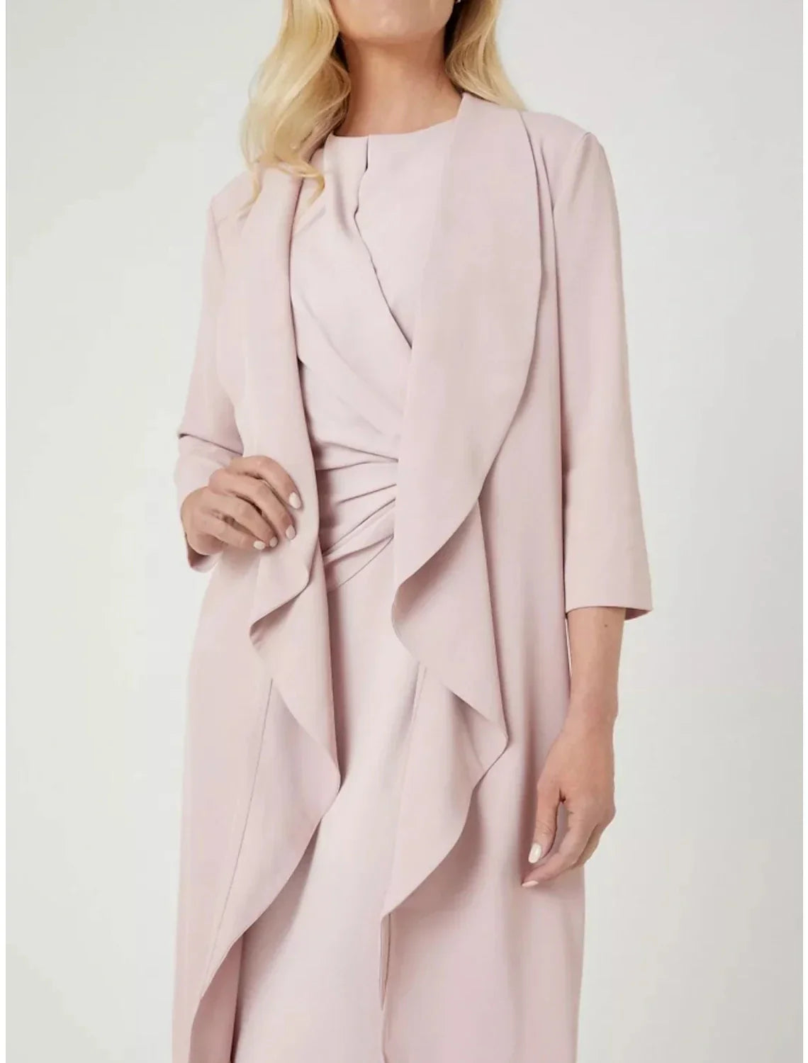 Two Piece Mother of the Bride Dress Wedding Guest Elegant Petite Jewel Neck Knee Length Stretch Chiffon 3/4 Length Sleeve with Split Front Ruching Solid Color
