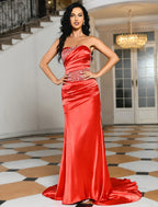 Elegant Sparkle Shine Wedding Guest Formal Evening Dress Strapless Sleeveless Satin with Crystals