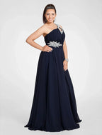 A-Line Cut Out Dress Wedding Guest Sweep / Brush Train Sleeveless One Shoulder Chiffon with Ruched Beading
