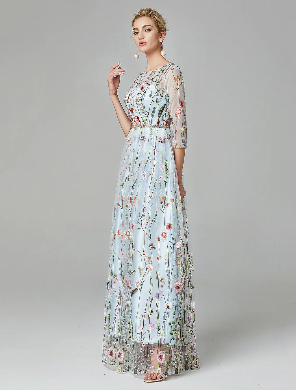 A-Line Evening Gown Elegant Dress Floor Length Sleeve Lace with Embroidery