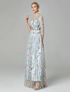 A-Line Evening Gown Elegant Dress Floor Length Sleeve Lace with Embroidery