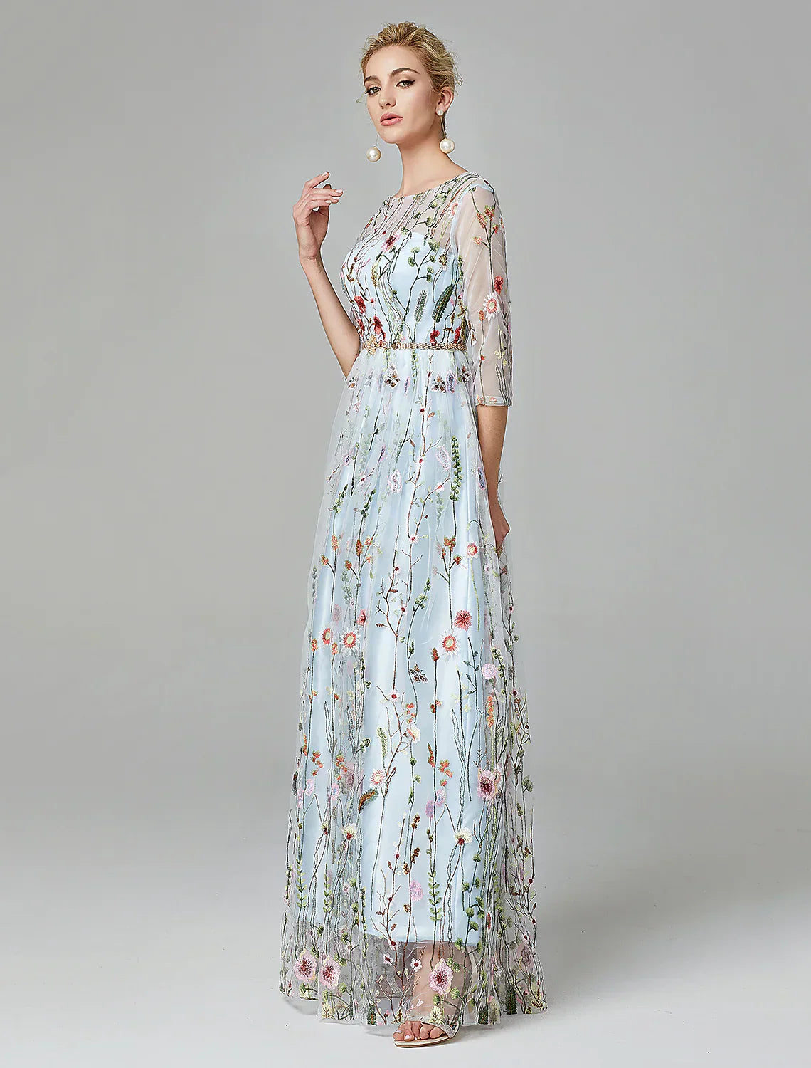 A-Line Evening Gown Elegant Dress Floor Length Sleeve Lace with Embroidery