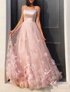 A-Line Prom Dresses Floral Dress Performance Floor Length Sleeveless Spaghetti Strap Tulle with Pleats Appliques