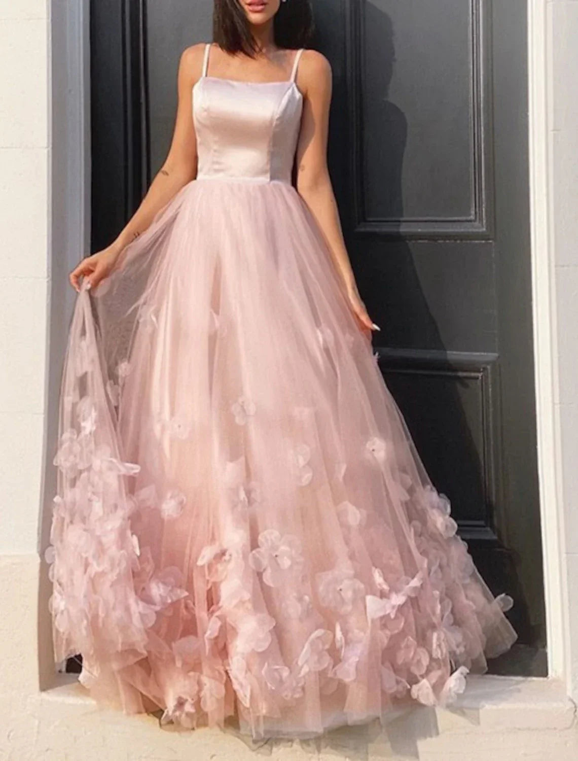 A-Line Prom Dresses Floral Dress Performance Floor Length Sleeveless Spaghetti Strap Tulle with Pleats Appliques