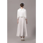 Two Piece Mother of the Bride Dress Wedding Guest Church Elegant Jewel Neck Ankle Length  Satin 3/4 Length Sleeve Short Jacket Dresses with Bow(s)