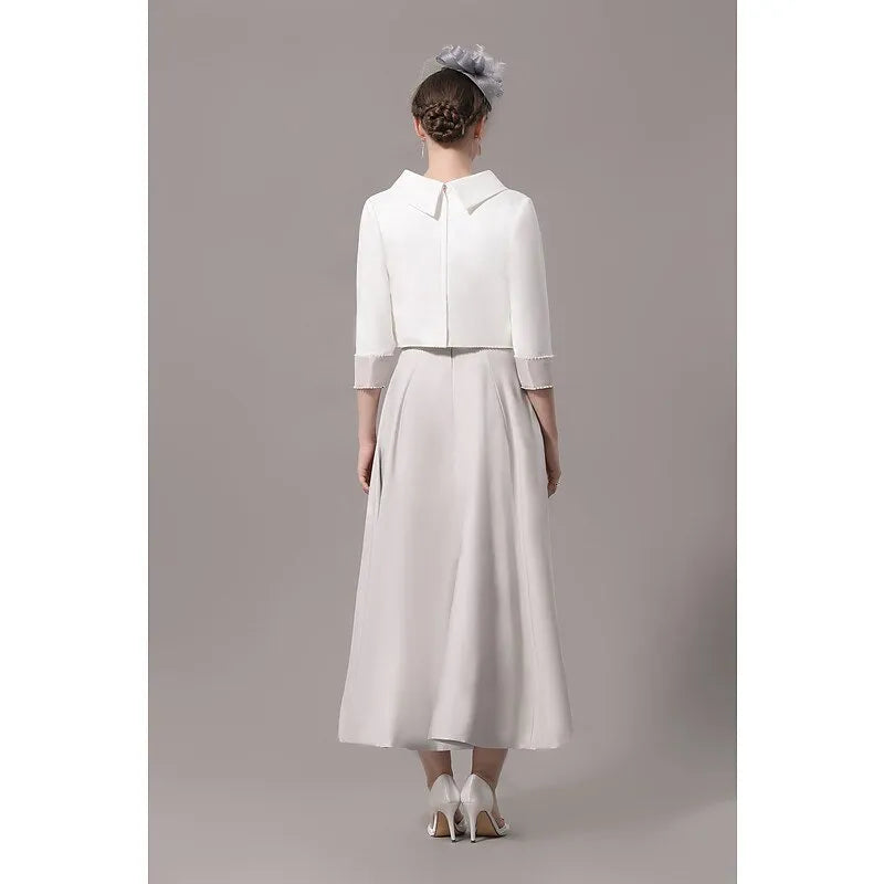 Two Piece Mother of the Bride Dress Wedding Guest Church Elegant Jewel Neck Ankle Length  Satin 3/4 Length Sleeve Short Jacket Dresses with Bow(s)