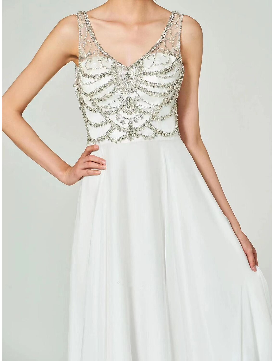 Evening Gown Beautiful Back Dress Wedding Guest Floor Length Sleeveless High Neck Chiffon with Appliques