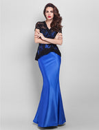 Holiday Cocktail Party Prom Dress V Neck Short Sleeve Floor Length Lace with Lace Appliques