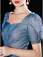 A-Line Prom Dresses Sparkle & Shine Dress Engagement Prom Floor Length Half Sleeve Sweetheart Satin with Ruched Pearls