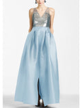 A-Line Evening Gown Color Block Dress Formal Prom Floor Length Sleeveless V Neck Satin with Sequin Slit