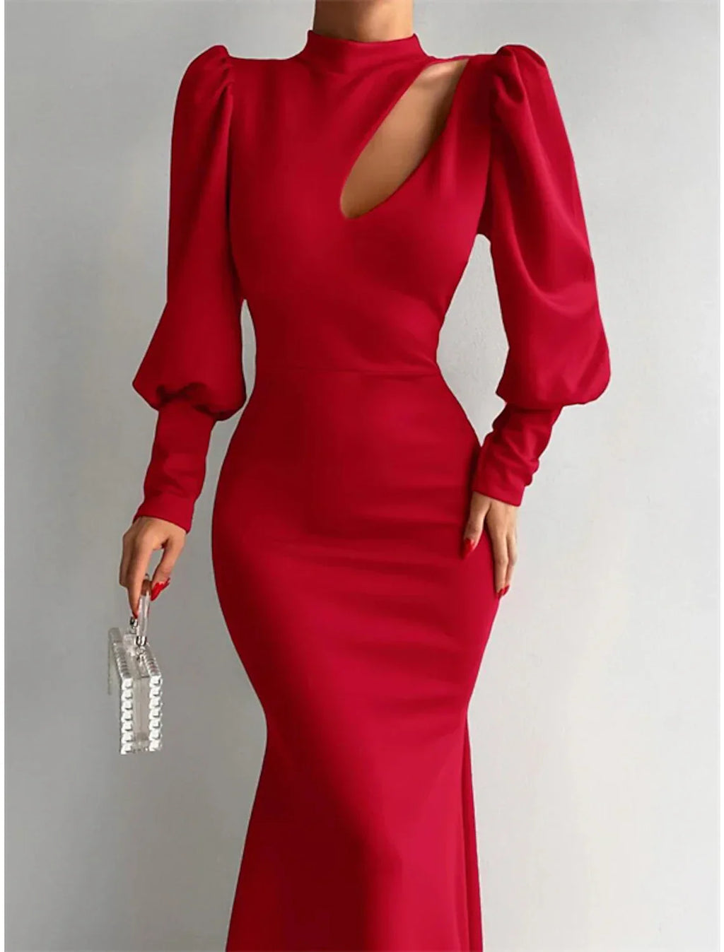 Mermaid Evening Gown Elegant Dress Formal Christmas Red Green Dress Sweep / Brush Train Long Sleeve High Neck Satin with Ruched