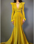 A-Line Evening Gown Elegant Dress Formal Court Train Christmas Long Sleeve V Neck Lurex Fabric with Glitter Pleats Ruched