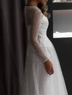 A-Line Evening Gown Sparkle & Shine Dress Wedding Court Train Long Sleeve Jewel Neck Fall Wedding Reception Sequined with Glitter